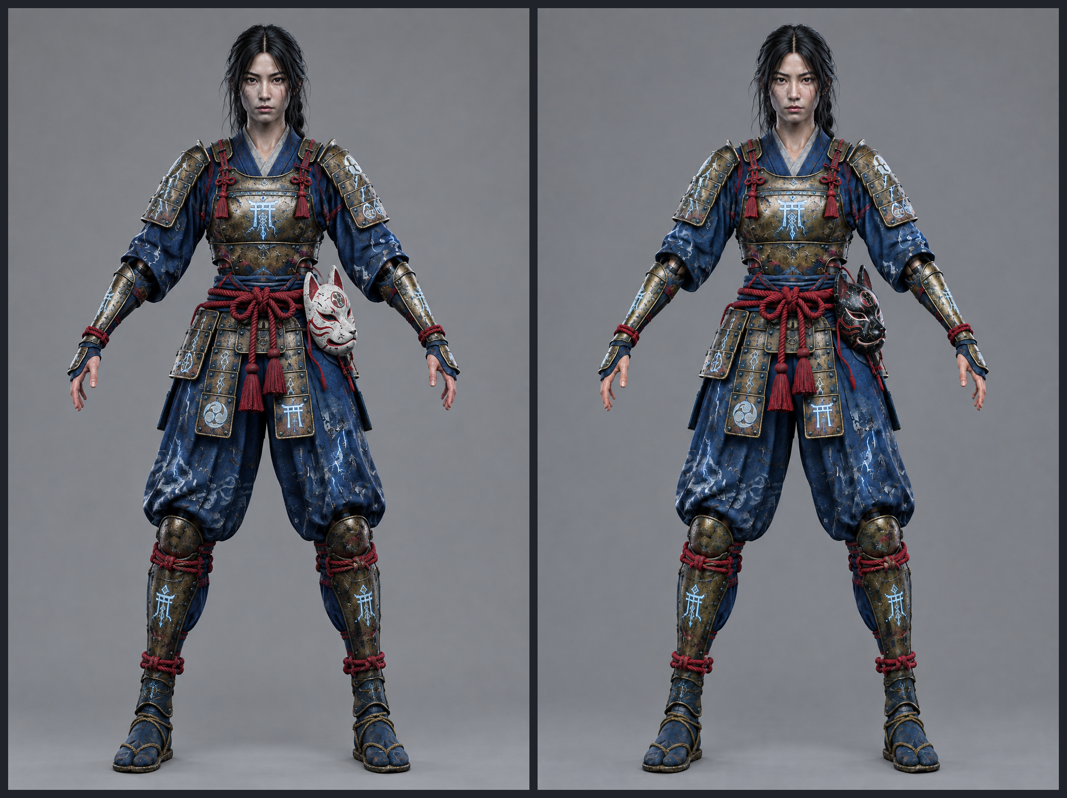 Before and after armored character images with a fox mask changed to black lacquer