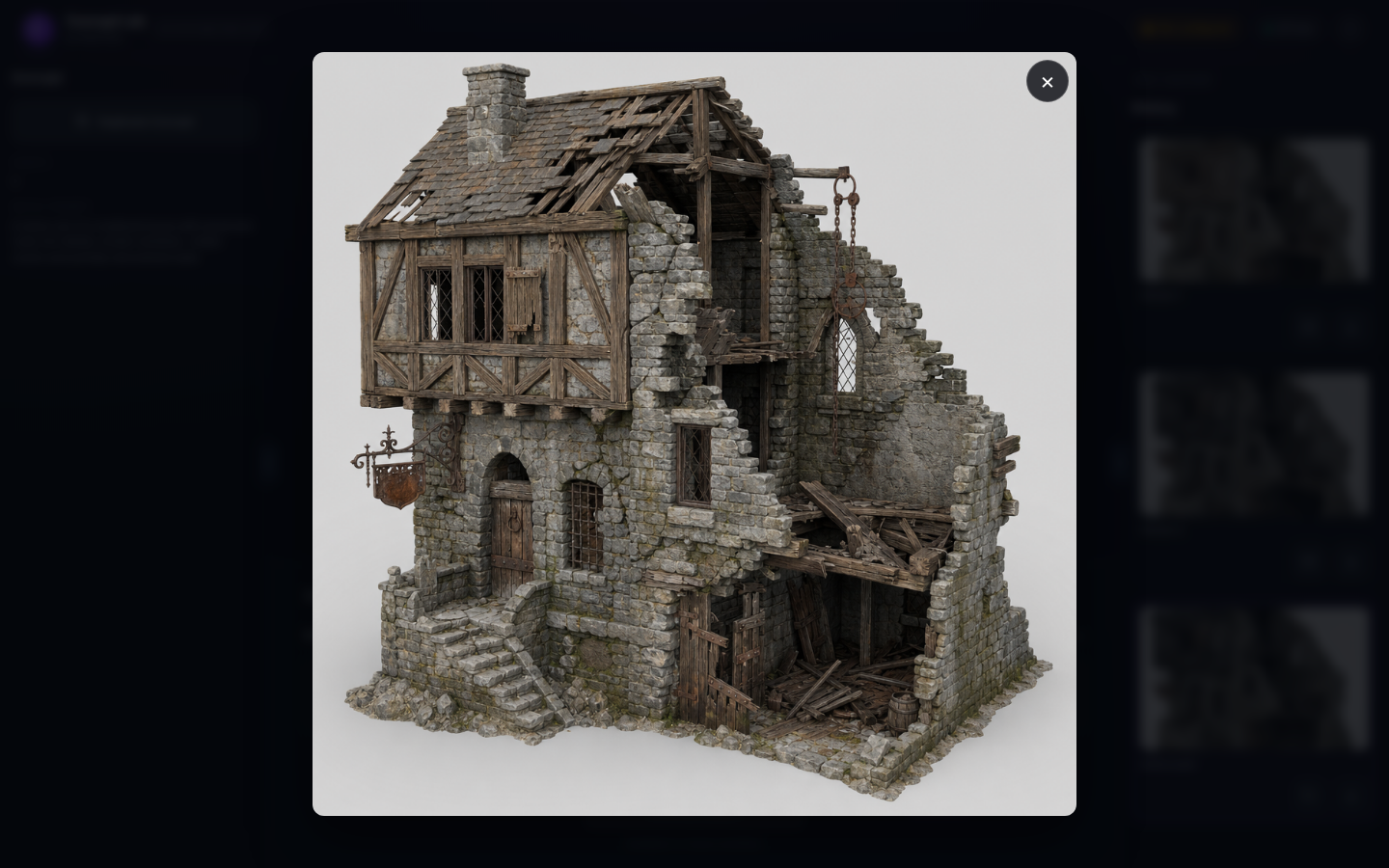 Full-screen ConceptLab preview showing a completed ruined stone building and archway