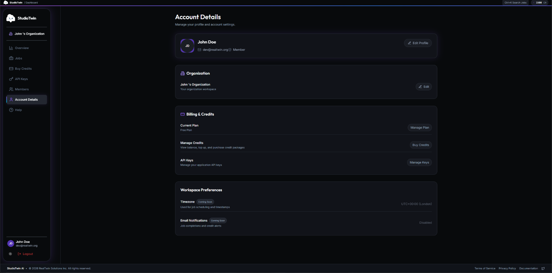 Dashboard Account Details page