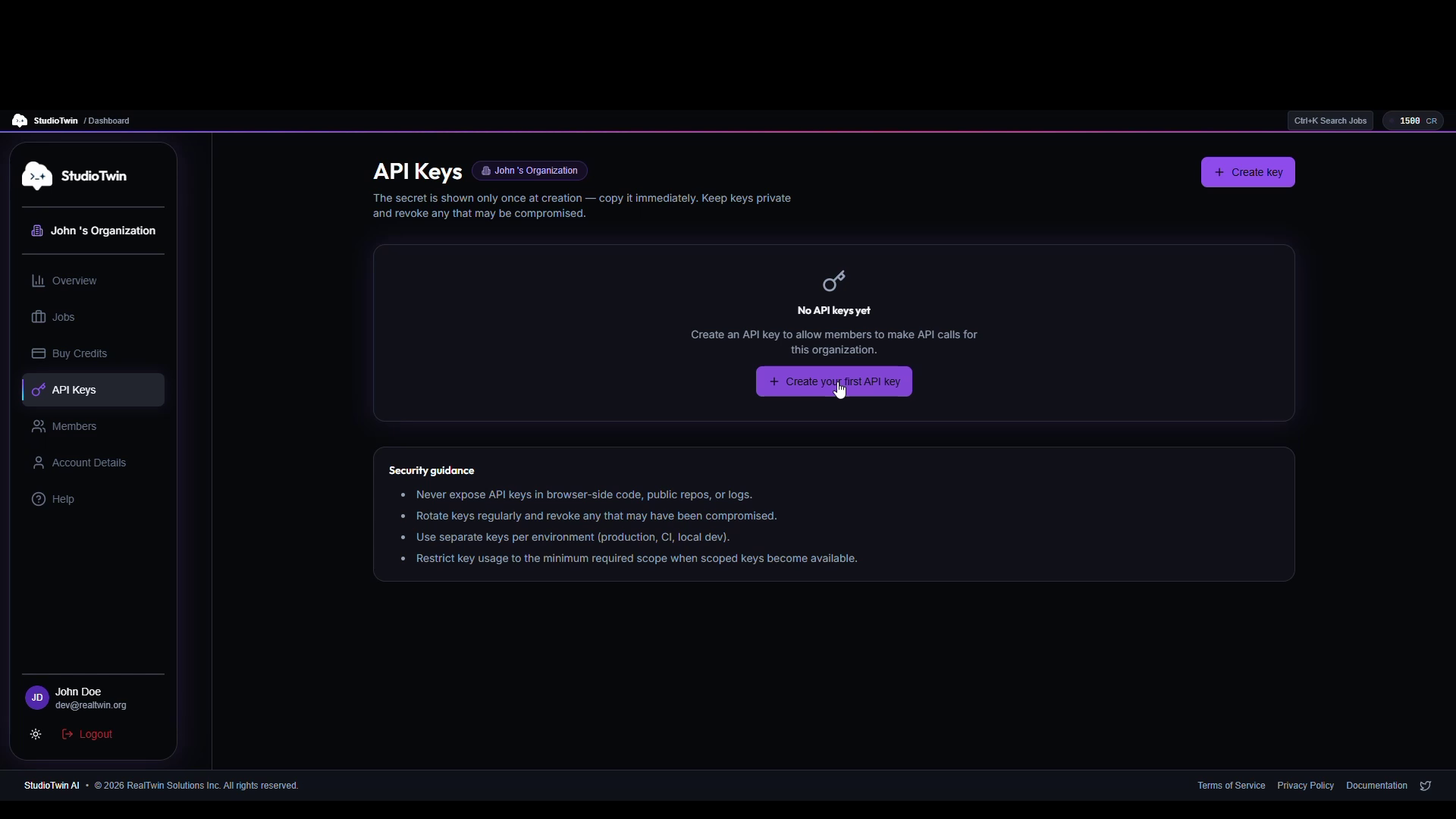 Dashboard API Keys page