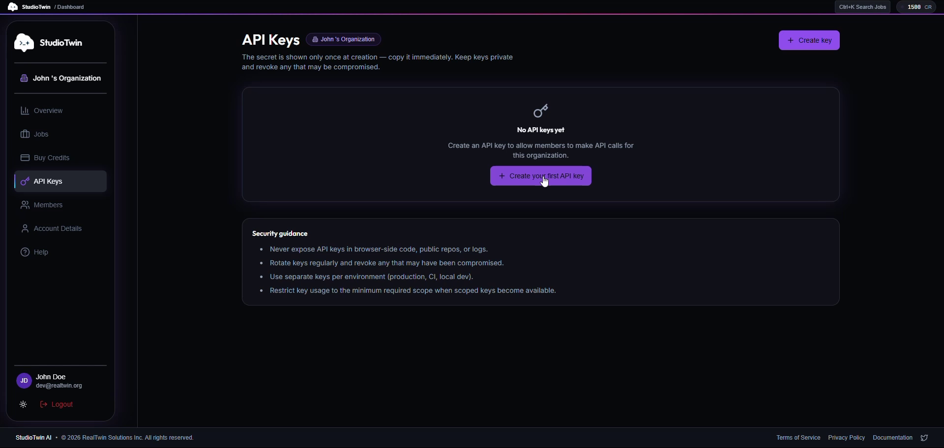 Dashboard API Keys page