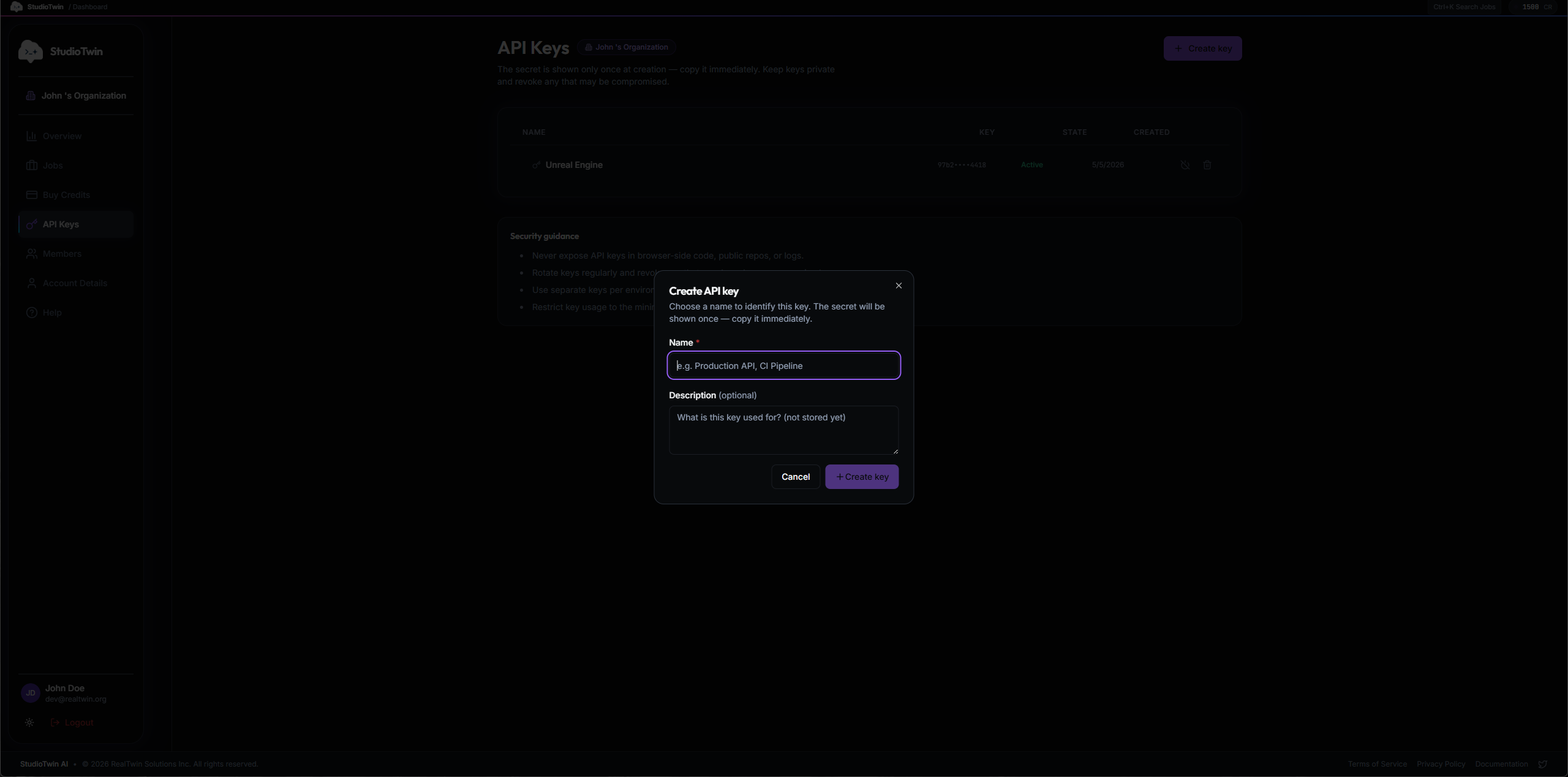 Create API Key modal