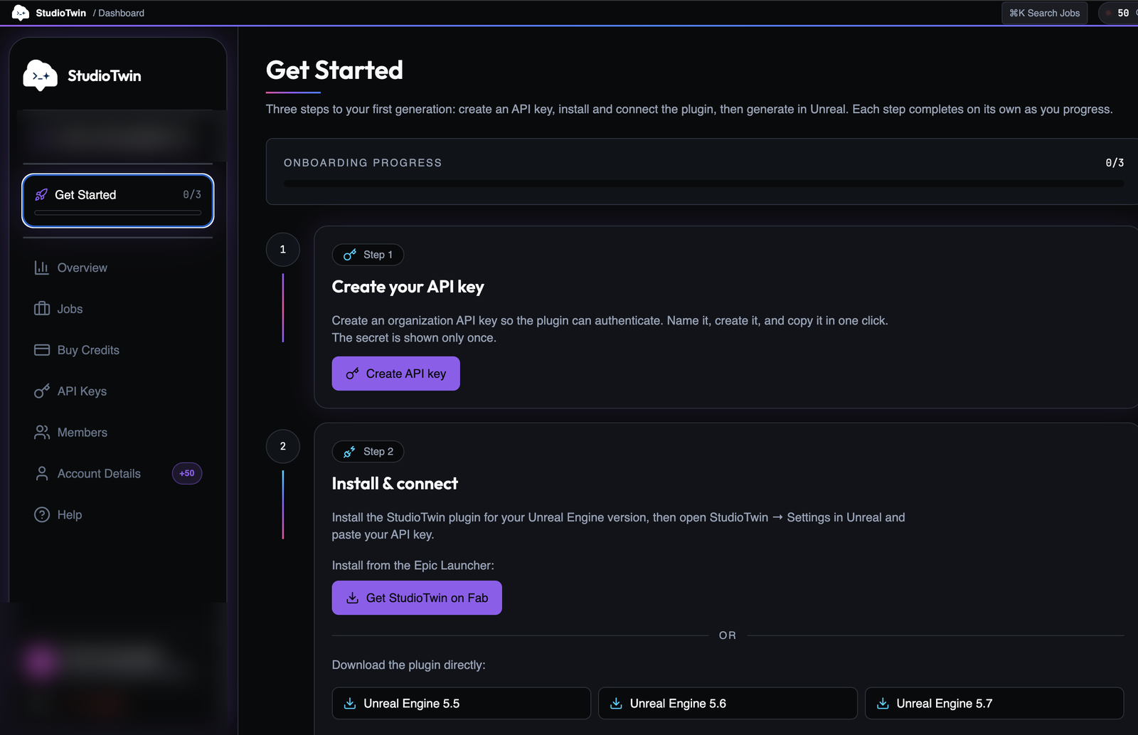 StudioTwin dashboard Get Started page