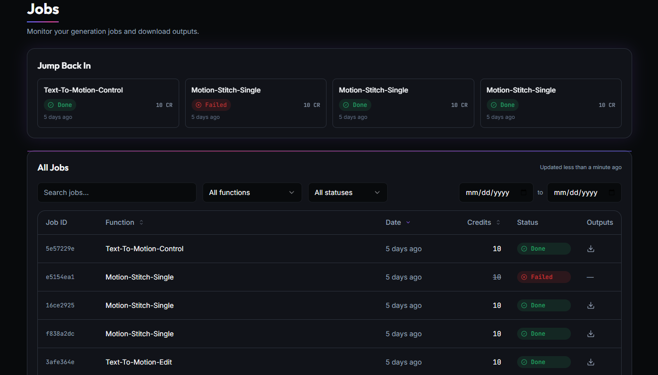 Dashboard Jobs page