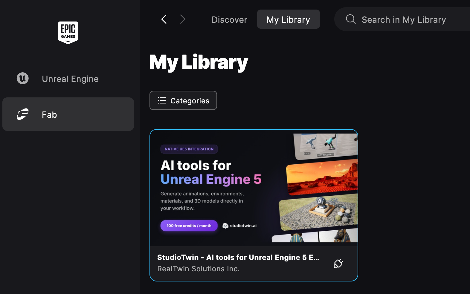 StudioTwin in the Fab Library in the Epic Games Launcher
