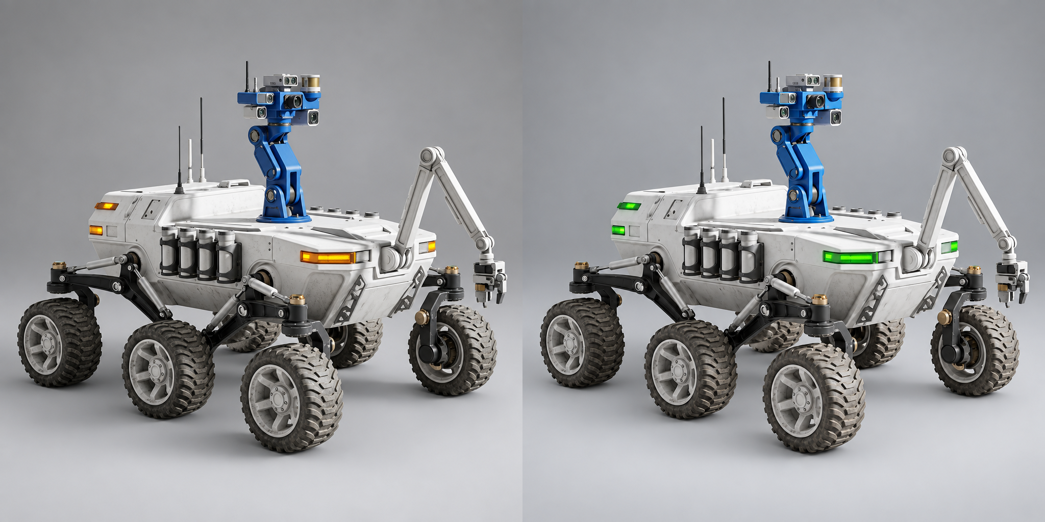 Before and after lunar rover images with hazard lights changed from amber to green